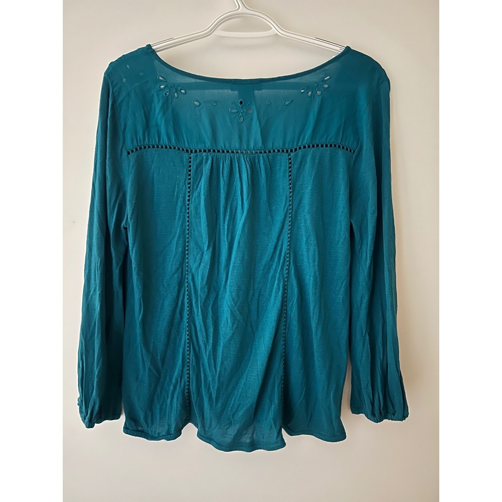 Lucky Brand Teal Blue‎ Eyelet Lace Embroidered Long Sleeve Boho Blouse Medium - Picture 2 of 10